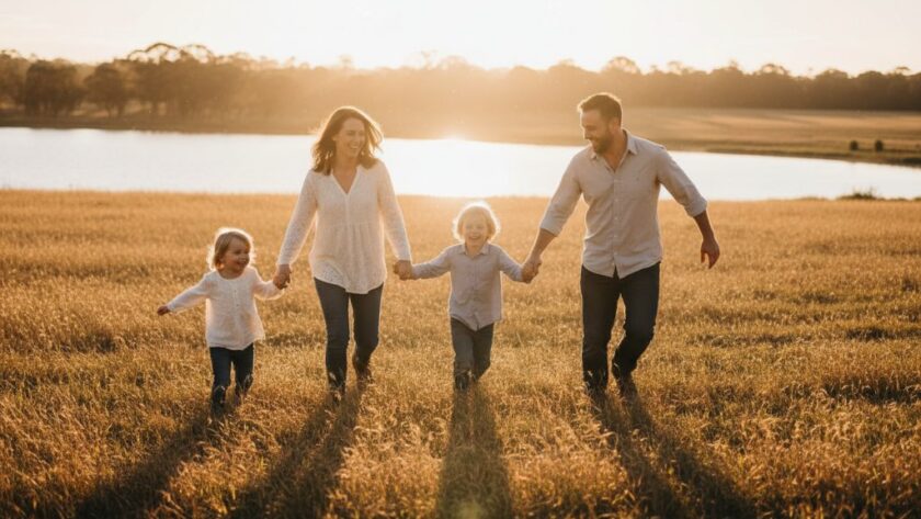 A heartwarming, genuine moment of a Newborough family laughing joyfully during an outdoor picnic, captured with authentic candid family photography Newborough, featuring natural light filtering through gum trees at Lake Narracan, embodying unposed happiness.