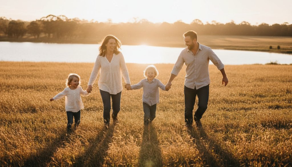 A heartwarming, genuine moment of a Newborough family laughing joyfully during an outdoor picnic, captured with authentic candid family photography Newborough, featuring natural light filtering through gum trees at Lake Narracan, embodying unposed happiness.
