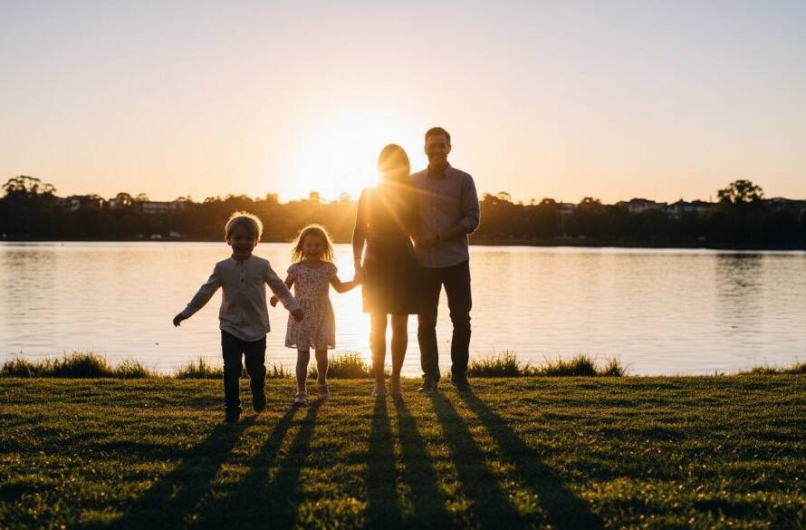 A heartwarming and authentic candid family photography Ringwood moment, capturing a child laughing joyfully as they chase bubbles in a golden-hour lit park, with parents smiling in the background.