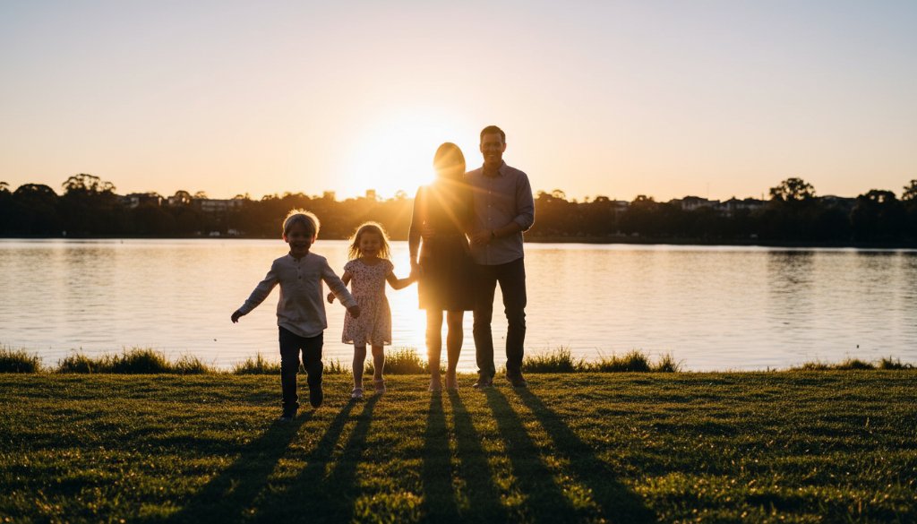 A heartwarming and authentic candid family photography Ringwood moment, capturing a child laughing joyfully as they chase bubbles in a golden-hour lit park, with parents smiling in the background.