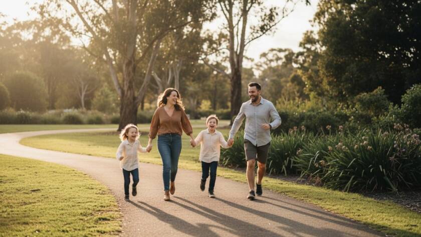 An authentic candid family photography Rowville Victoria moment, capturing a family laughing joyfully under dappled sunlight in a Rowville park, with vibrant autumn leaves scattered around, professional colour grading.