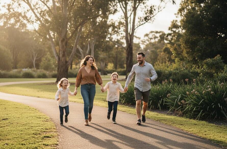 An authentic candid family photography Rowville Victoria moment, capturing a family laughing joyfully under dappled sunlight in a Rowville park, with vibrant autumn leaves scattered around, professional colour grading.