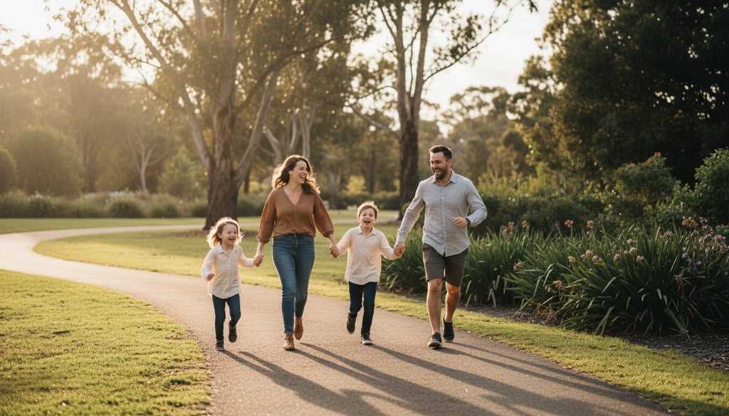 An authentic candid family photography Rowville Victoria moment, capturing a family laughing joyfully under dappled sunlight in a Rowville park, with vibrant autumn leaves scattered around, professional colour grading.