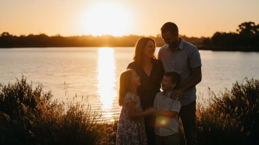 Authentic Candid Family Photos Sandhurst Victoria of a family laughing joyfully, silhouetted by the golden hour sun setting over the Sandhurst Club lake, capturing a genuine, unposed moment of connection and happiness.