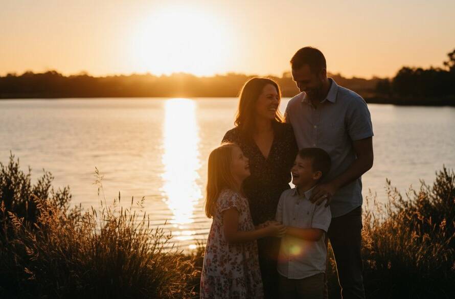 Authentic Candid Family Photos Sandhurst Victoria of a family laughing joyfully, silhouetted by the golden hour sun setting over the Sandhurst Club lake, capturing a genuine, unposed moment of connection and happiness.