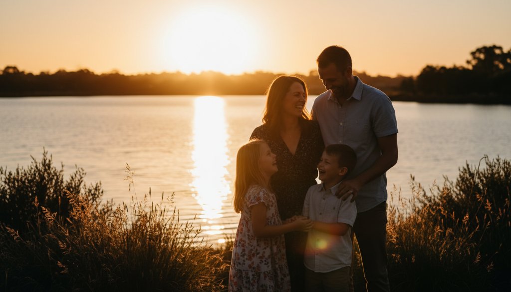 Authentic Candid Family Photos Sandhurst Victoria of a family laughing joyfully, silhouetted by the golden hour sun setting over the Sandhurst Club lake, capturing a genuine, unposed moment of connection and happiness.