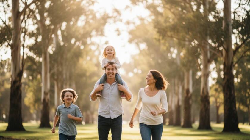 A joyful, authentic candid family portraits Doveton moment: a family of four, parents embracing their laughing children amidst the dappled afternoon light of a park in Doveton, Victoria, their genuine happiness beautifully captured.