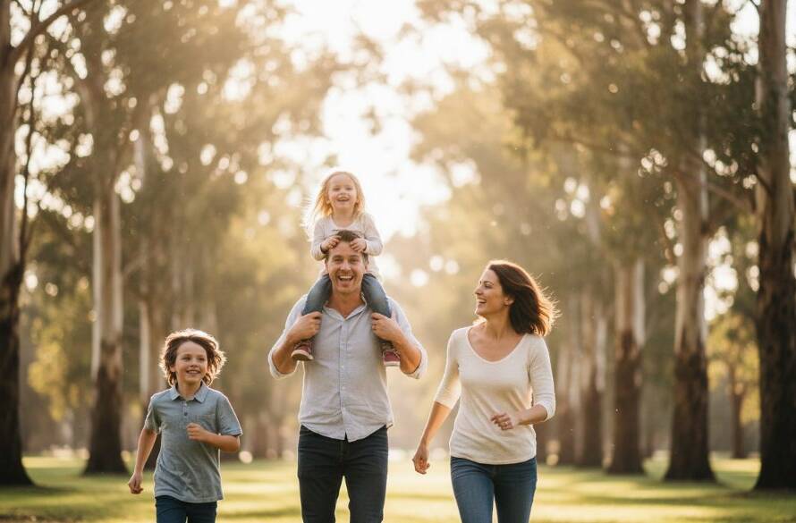 A joyful, authentic candid family portraits Doveton moment: a family of four, parents embracing their laughing children amidst the dappled afternoon light of a park in Doveton, Victoria, their genuine happiness beautifully captured.