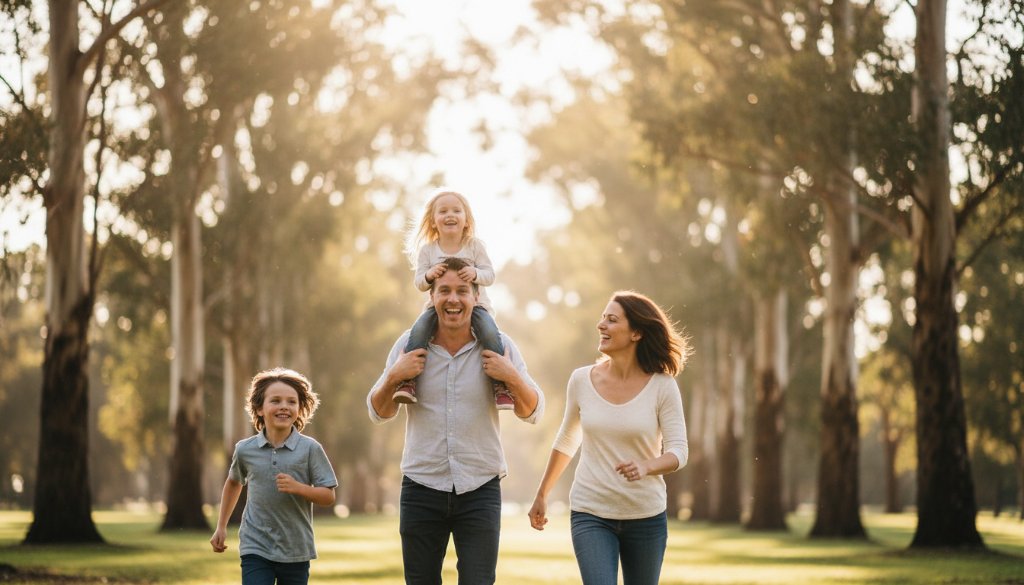 A joyful, authentic candid family portraits Doveton moment: a family of four, parents embracing their laughing children amidst the dappled afternoon light of a park in Doveton, Victoria, their genuine happiness beautifully captured.