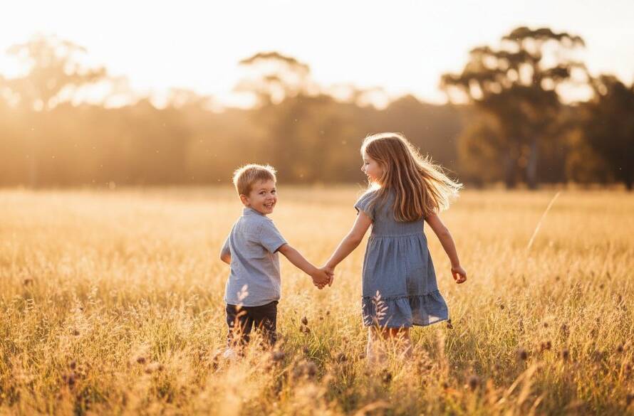 A heartwarming, epic moment captured through authentic candid kids photography in Officer, Victoria, showing two siblings laughing joyfully amidst sun-drenched parkland, with dramatic natural light highlighting their expressions and a shallow depth of field, evoking warmth and connection.