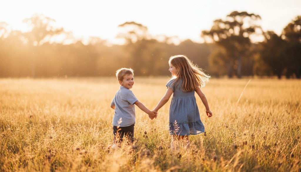 A heartwarming, epic moment captured through authentic candid kids photography in Officer, Victoria, showing two siblings laughing joyfully amidst sun-drenched parkland, with dramatic natural light highlighting their expressions and a shallow depth of field, evoking warmth and connection.