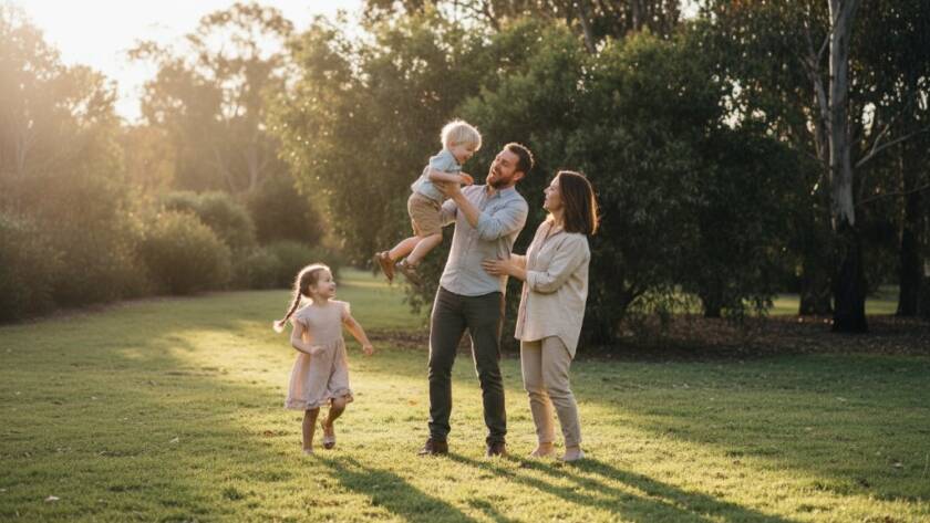 An emotionally resonant, wide-angle shot capturing authentic candid moments Bayswater North: a young family laughing joyfully amidst the lush greenery of the local park at sunset, dappled golden light illuminating their faces with a warm glow, professional color grading enhancing the natural, heartfelt connection.