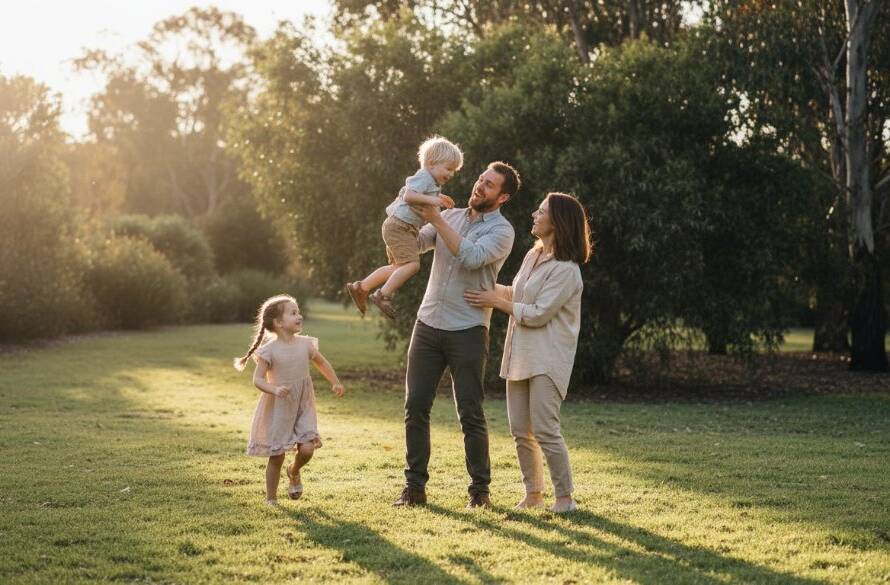 An emotionally resonant, wide-angle shot capturing authentic candid moments Bayswater North: a young family laughing joyfully amidst the lush greenery of the local park at sunset, dappled golden light illuminating their faces with a warm glow, professional color grading enhancing the natural, heartfelt connection.