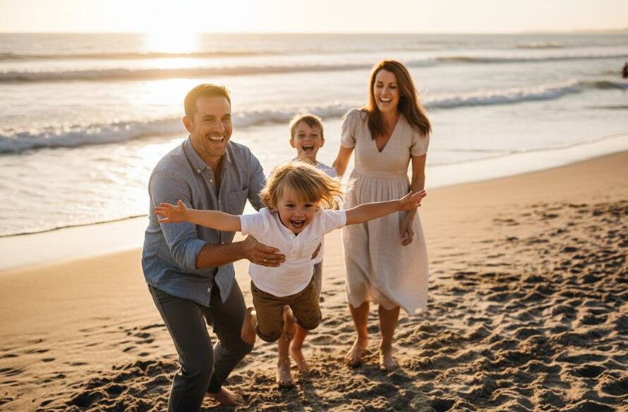 An authentic candid moments Hampton Beach family photographer captures a joyful, sun-drenched family laughing on the shore at sunset, with a child being playfully swung in the air, framed against the golden hues of the bay.