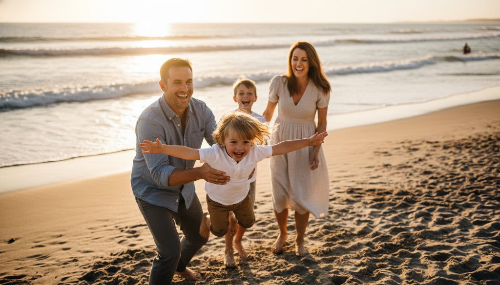An authentic candid moments Hampton Beach family photographer captures a joyful, sun-drenched family laughing on the shore at sunset, with a child being playfully swung in the air, framed against the golden hues of the bay.