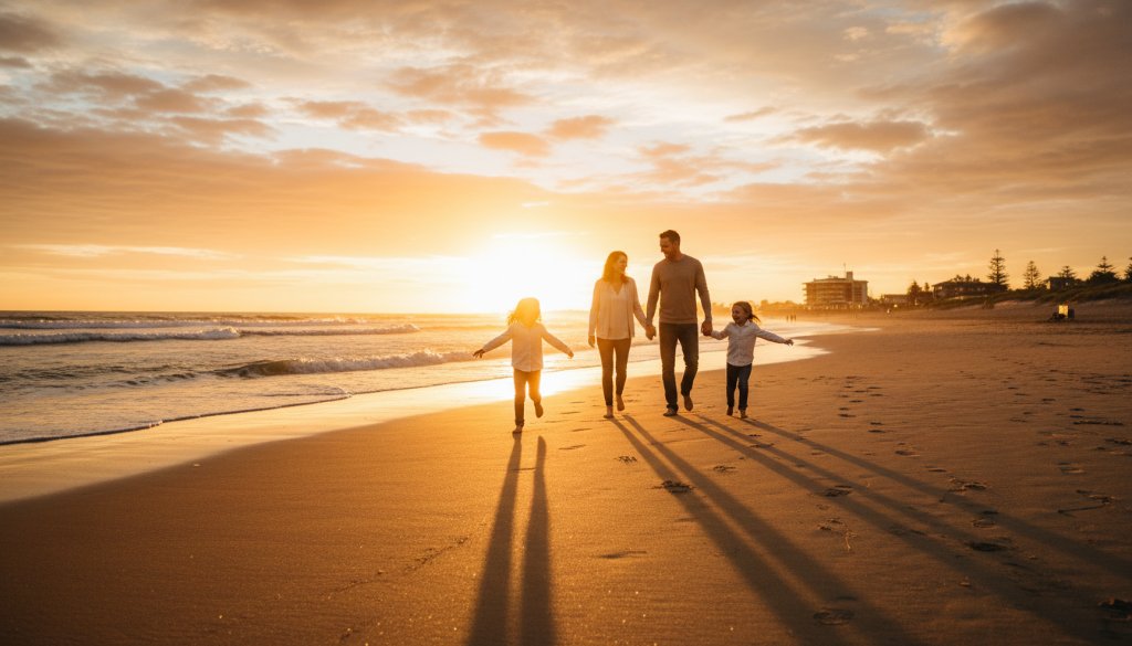 An emotional, close-up photograph capturing an authentic candid moment of a family laughing joyfully on Mentone Beach, showcasing the essence of authentic candid moments Mentone beach photography with golden hour lighting.