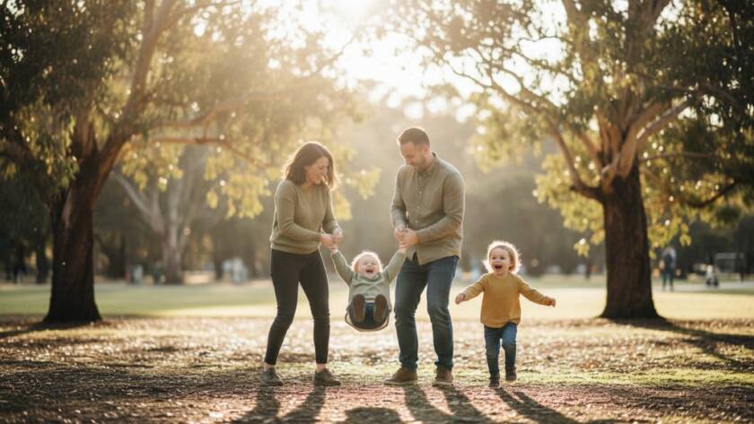 A joyous family laughing genuinely in a Nunawading park, showcasing authentic candid moments Nunawading photography with dramatic sunlight filtering through eucalypts, professional color grading.