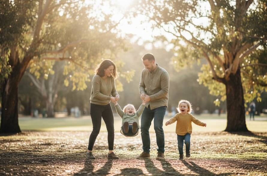 A joyous family laughing genuinely in a Nunawading park, showcasing authentic candid moments Nunawading photography with dramatic sunlight filtering through eucalypts, professional color grading.