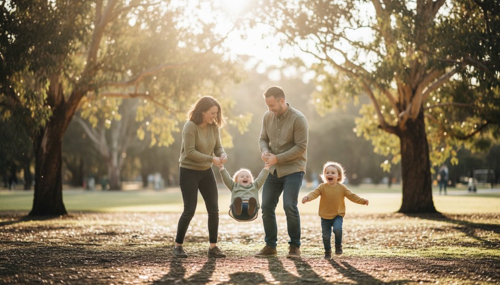 A joyous family laughing genuinely in a Nunawading park, showcasing authentic candid moments Nunawading photography with dramatic sunlight filtering through eucalypts, professional color grading.