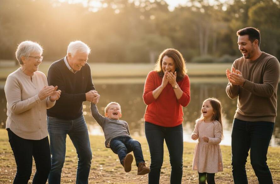 An authentic candid moments photography Glen Waverley shot, capturing a family's joyful, unposed laughter during a golden hour picnic at Jells Park, professional and cinematic.