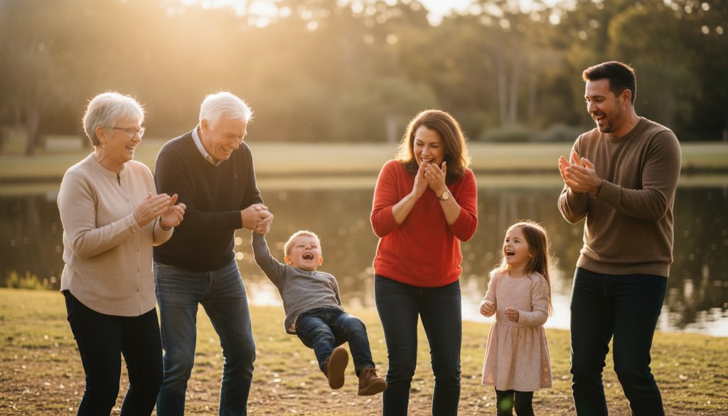 An authentic candid moments photography Glen Waverley shot, capturing a family's joyful, unposed laughter during a golden hour picnic at Jells Park, professional and cinematic.