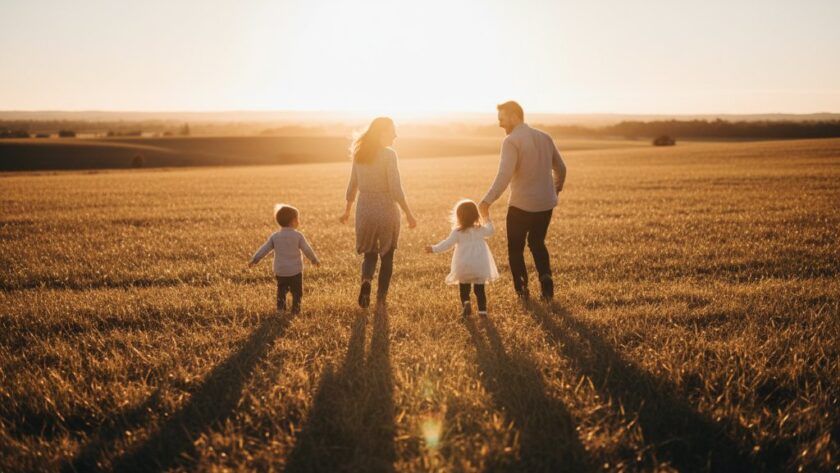 An intimate, sun-drenched photograph capturing authentic candid moments photography Lucas Victoria, showing a family laughing spontaneously during a picnic in a golden field at sunset, with children running towards their parents, professionally colour-graded with a warm, cinematic feel.