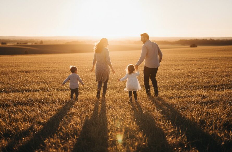 An intimate, sun-drenched photograph capturing authentic candid moments photography Lucas Victoria, showing a family laughing spontaneously during a picnic in a golden field at sunset, with children running towards their parents, professionally colour-graded with a warm, cinematic feel.
