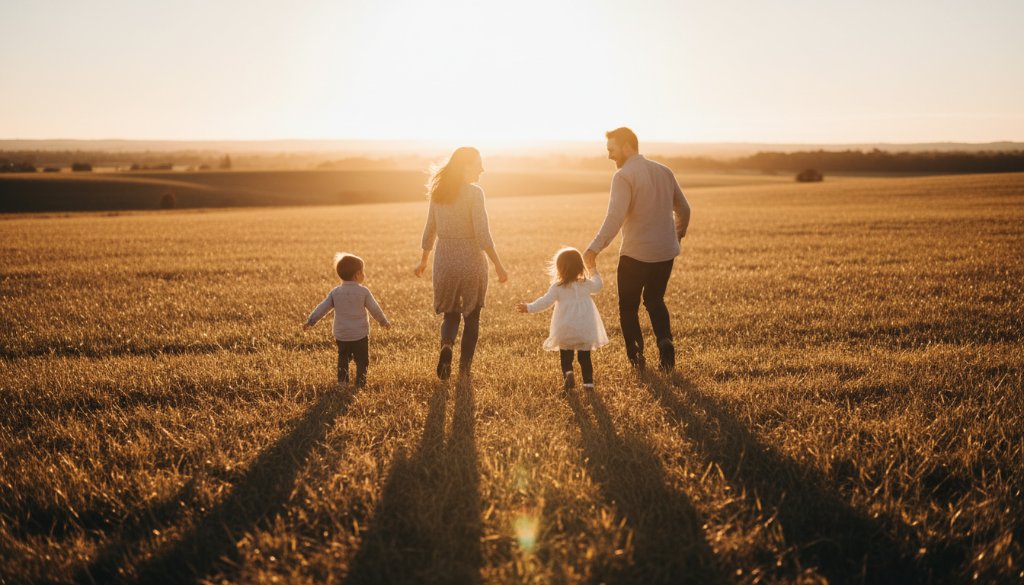 An intimate, sun-drenched photograph capturing authentic candid moments photography Lucas Victoria, showing a family laughing spontaneously during a picnic in a golden field at sunset, with children running towards their parents, professionally colour-graded with a warm, cinematic feel.