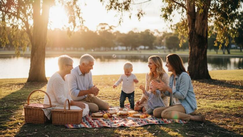 A heartwarming, sun-drenched photograph of an authentic candid moment captured by a Rowville photographer: a family laughing joyfully during a picnic at Rowville Lakes Park, golden hour light illuminating their happy faces, creating a beautiful, unposed memory.