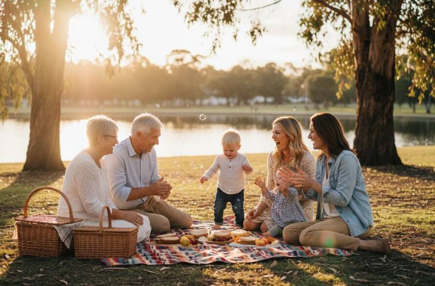 A heartwarming, sun-drenched photograph of an authentic candid moment captured by a Rowville photographer: a family laughing joyfully during a picnic at Rowville Lakes Park, golden hour light illuminating their happy faces, creating a beautiful, unposed memory.
