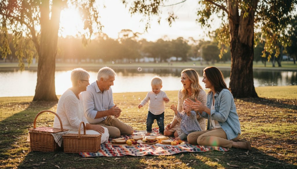 A heartwarming, sun-drenched photograph of an authentic candid moment captured by a Rowville photographer: a family laughing joyfully during a picnic at Rowville Lakes Park, golden hour light illuminating their happy faces, creating a beautiful, unposed memory.