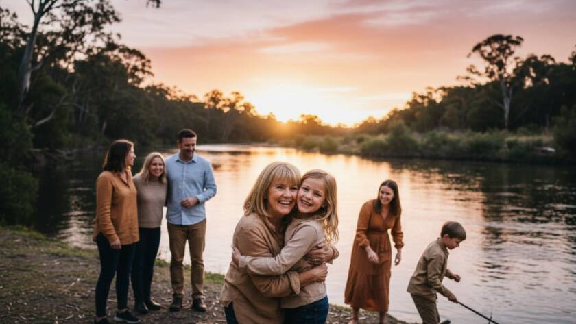 A vibrant, wide-angle cinematic shot showcasing authentic candid moments Warrandyte photography, featuring a multigenerational family joyfully interacting by the Yarra River at golden hour, bathed in warm, dramatic light, capturing genuine connection.