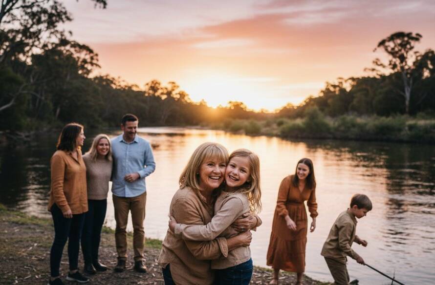 A vibrant, wide-angle cinematic shot showcasing authentic candid moments Warrandyte photography, featuring a multigenerational family joyfully interacting by the Yarra River at golden hour, bathed in warm, dramatic light, capturing genuine connection.