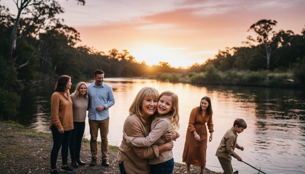 A vibrant, wide-angle cinematic shot showcasing authentic candid moments Warrandyte photography, featuring a multigenerational family joyfully interacting by the Yarra River at golden hour, bathed in warm, dramatic light, capturing genuine connection.