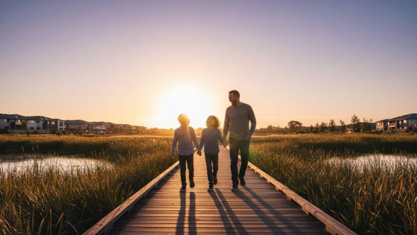 A breathtaking wide-angle shot of a family laughing genuinely during a sunset stroll along the wetlands in Williams Landing, Victoria. The golden hour light casts long, warm shadows, perfectly highlighting their joyous, authentic candid moments. Dramatic backlighting with professional colour grading.