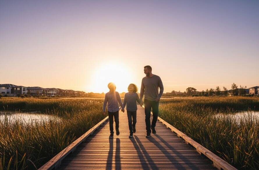 A breathtaking wide-angle shot of a family laughing genuinely during a sunset stroll along the wetlands in Williams Landing, Victoria. The golden hour light casts long, warm shadows, perfectly highlighting their joyous, authentic candid moments. Dramatic backlighting with professional colour grading.