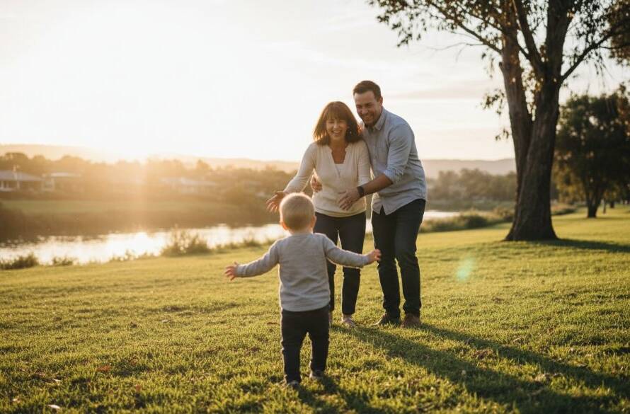 A heartwarming, sun-drenched image capturing authentic candid photography Avondale Heights family moments, featuring a child laughing joyously as parents embrace near the Maribyrnong River, with dramatic golden hour lighting and professional colour grading.