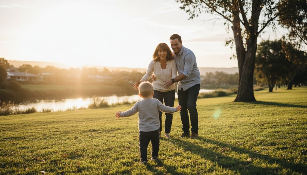 A heartwarming, sun-drenched image capturing authentic candid photography Avondale Heights family moments, featuring a child laughing joyously as parents embrace near the Maribyrnong River, with dramatic golden hour lighting and professional colour grading.