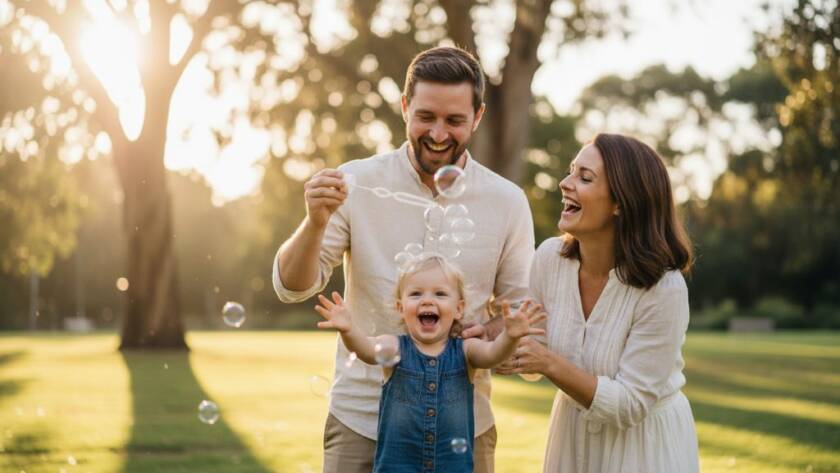 An intimate, heartwarming image capturing authentic candid photography Bayswater family moments, as a young family laughs joyfully during golden hour in a local Bayswater park, framed by vibrant Australian flora.