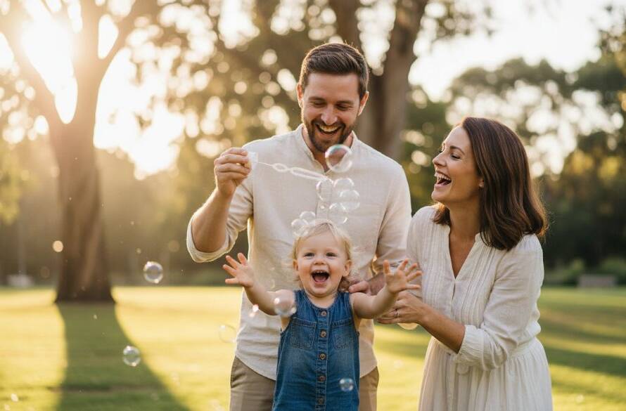 An intimate, heartwarming image capturing authentic candid photography Bayswater family moments, as a young family laughs joyfully during golden hour in a local Bayswater park, framed by vibrant Australian flora.