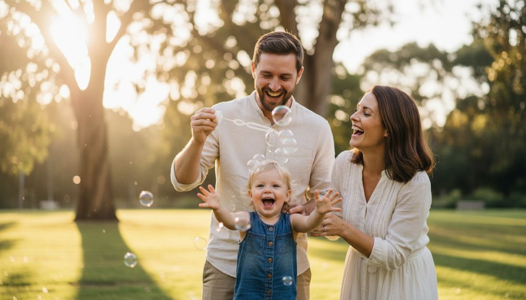 An intimate, heartwarming image capturing authentic candid photography Bayswater family moments, as a young family laughs joyfully during golden hour in a local Bayswater park, framed by vibrant Australian flora.