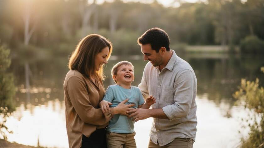A heartwarming authentic candid photography Blackburn Victoria moment showing a young family laughing joyfully during a picnic by the Blackburn Lake Sanctuary, bathed in golden hour light, reflecting genuine connection.