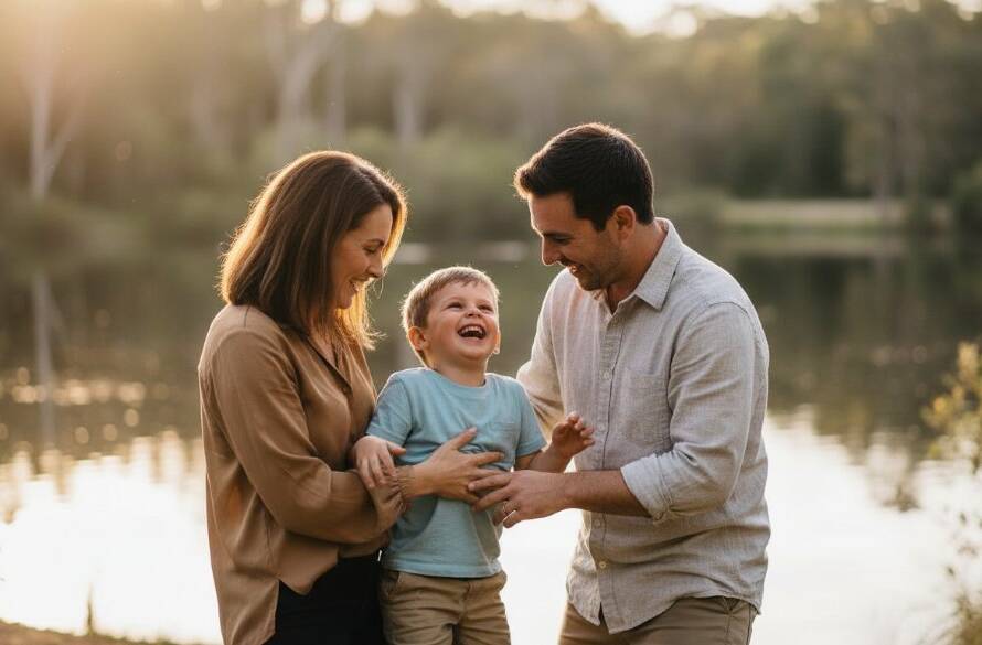 A heartwarming authentic candid photography Blackburn Victoria moment showing a young family laughing joyfully during a picnic by the Blackburn Lake Sanctuary, bathed in golden hour light, reflecting genuine connection.