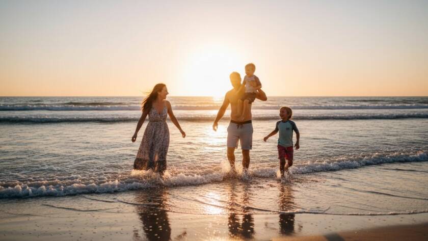 A vibrant, wide-angle shot of authentic candid photography Bonbeach beach families, with a young family silhouetted against a golden hour sunset, laughing as they splash in the shallow waves at Bonbeach, Victoria. The image captures an epic, unposed moment of pure joy and connection, with soft, golden light reflecting on the water.