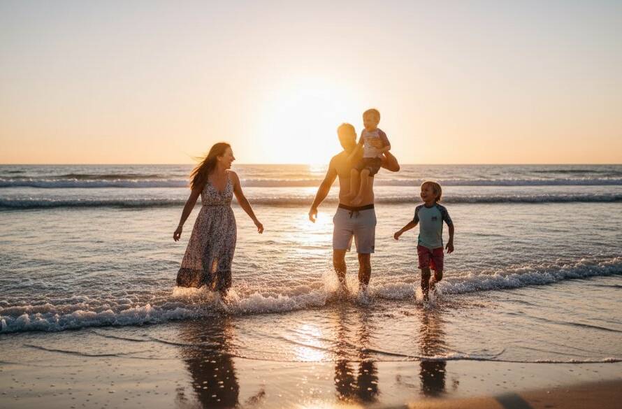 A vibrant, wide-angle shot of authentic candid photography Bonbeach beach families, with a young family silhouetted against a golden hour sunset, laughing as they splash in the shallow waves at Bonbeach, Victoria. The image captures an epic, unposed moment of pure joy and connection, with soft, golden light reflecting on the water.