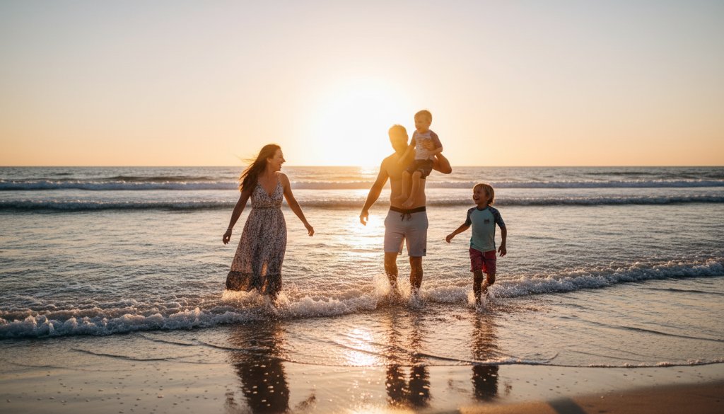 A vibrant, wide-angle shot of authentic candid photography Bonbeach beach families, with a young family silhouetted against a golden hour sunset, laughing as they splash in the shallow waves at Bonbeach, Victoria. The image captures an epic, unposed moment of pure joy and connection, with soft, golden light reflecting on the water.