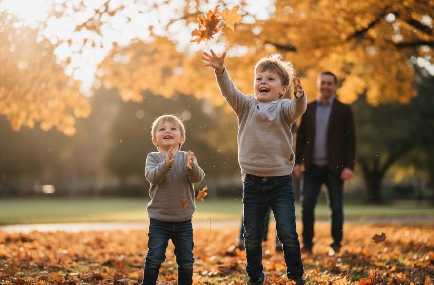 Authentic candid photography Camberwell family moments captured as a child laughs joyfully, running through autumn leaves in a sun-drenched park, parents smiling in the background, professional photo.