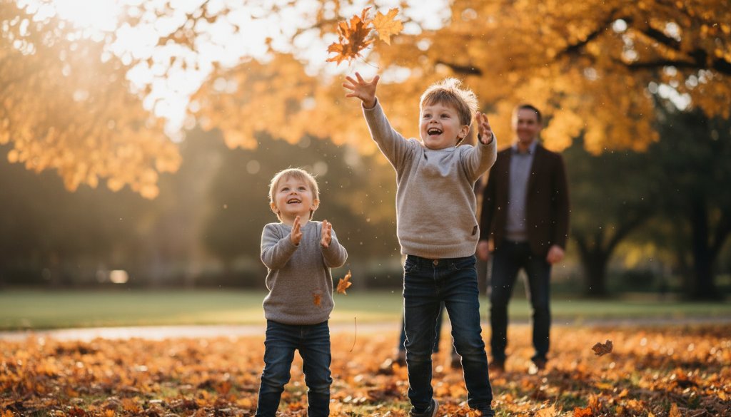 Authentic candid photography Camberwell family moments captured as a child laughs joyfully, running through autumn leaves in a sun-drenched park, parents smiling in the background, professional photo.