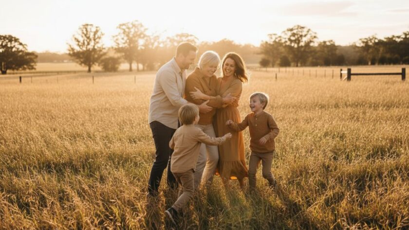 Authentic candid photography capturing Miners Rest family joy: A family laughing spontaneously during golden hour at Miners Rest's picturesque forgotten rail trail, illuminated by dramatic backlight, seen from a low angle.