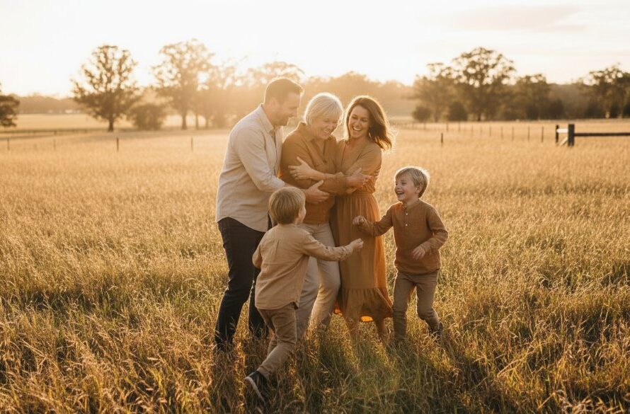 Authentic candid photography capturing Miners Rest family joy: A family laughing spontaneously during golden hour at Miners Rest's picturesque forgotten rail trail, illuminated by dramatic backlight, seen from a low angle.